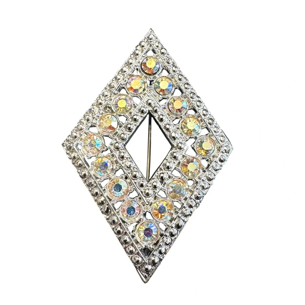 VTG Aurora Borealis Silvertone Brooch Diamond Shape‎ AB Rhinestone Pin 1950s MCM